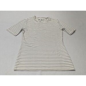 Vince Shirt Womens XS White Brown Striped 3/4 Sleeve Ribbed Crew Neck Top Casual